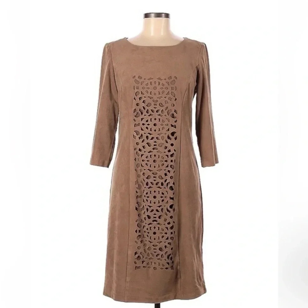 Tribal | Women’s 3/4 Sleeve Stretchy Faux Suede Midi Dress Size 6 Caramel Tan